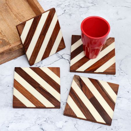 Brown and White Pattern Wooden Coasters - Pack of 4